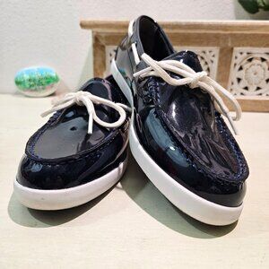 COLE HAAN Womens Sz 10 Navy Patent Leather Loafer Boat Nautical Shoes Preppy EUC